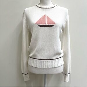 Vintage white pink sailboat crewneck sweater preppy summer novelty cotton